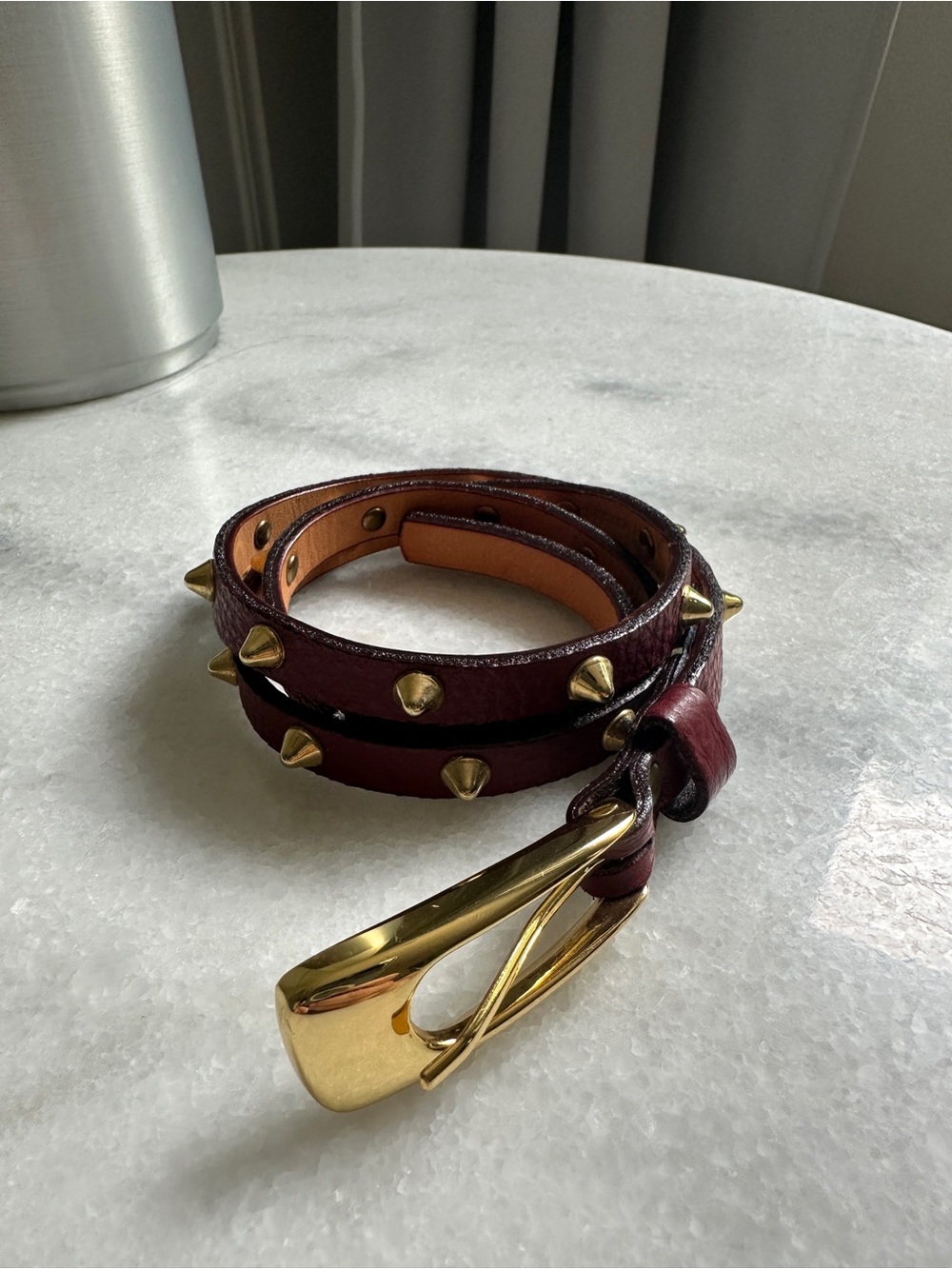 Stud-Embellished Belt in Deep Burgundy with Gold Hardware